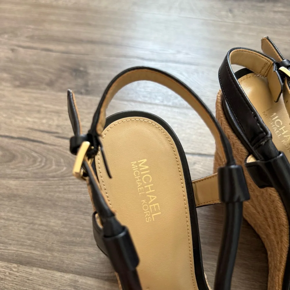 Michael Kors Annie Black Leather Espadrille Wedge Sandals size 7 Women